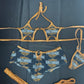 Black Harley/Copper Spandex Three-Piece Star Top/Shorts & Garters Outfit