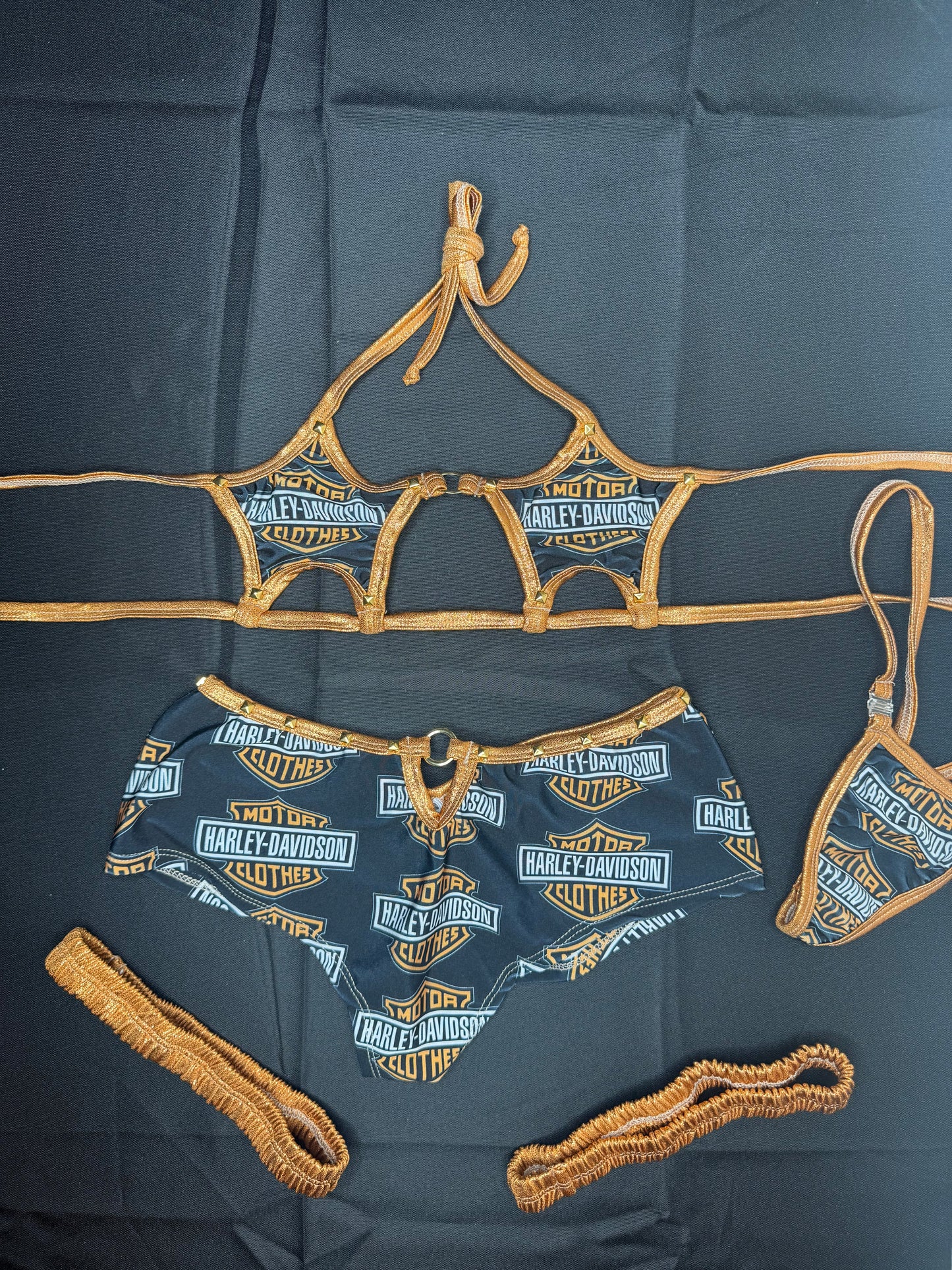 Black Harley/Copper Spandex Three-Piece Star Top/Shorts & Garters Outfit