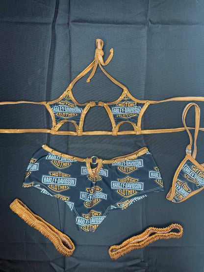 Black Harley/Copper Spandex Three-Piece Star Top/Shorts & Garters Outfit