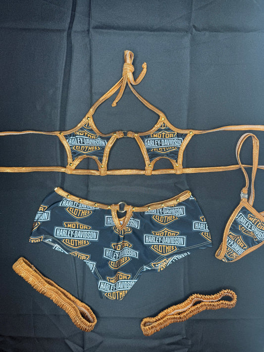 Black Harley/Copper Spandex Three-Piece Star Top/Shorts & Garters Outfit