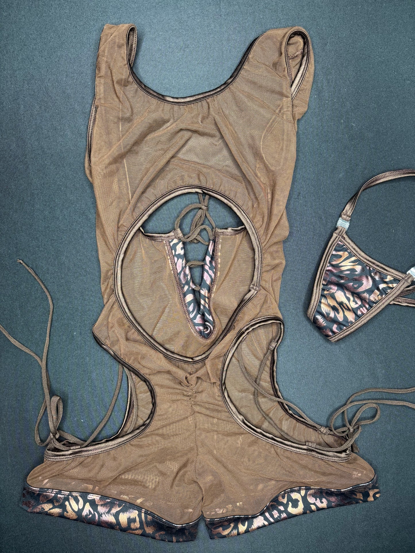 Chocolate Mesh/Cheetah Animal Print One-Piece Sleeveless Romper/Bikini Top Lingerie Outfit