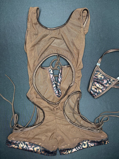 Chocolate Mesh/Cheetah Animal Print One-Piece Sleeveless Romper/Bikini Top Lingerie Outfit