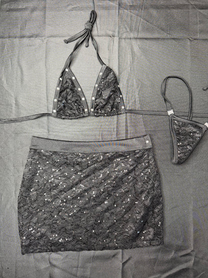 Black Sequence Lace/Spandex Two-Piece Skirt Lingerie Outfit