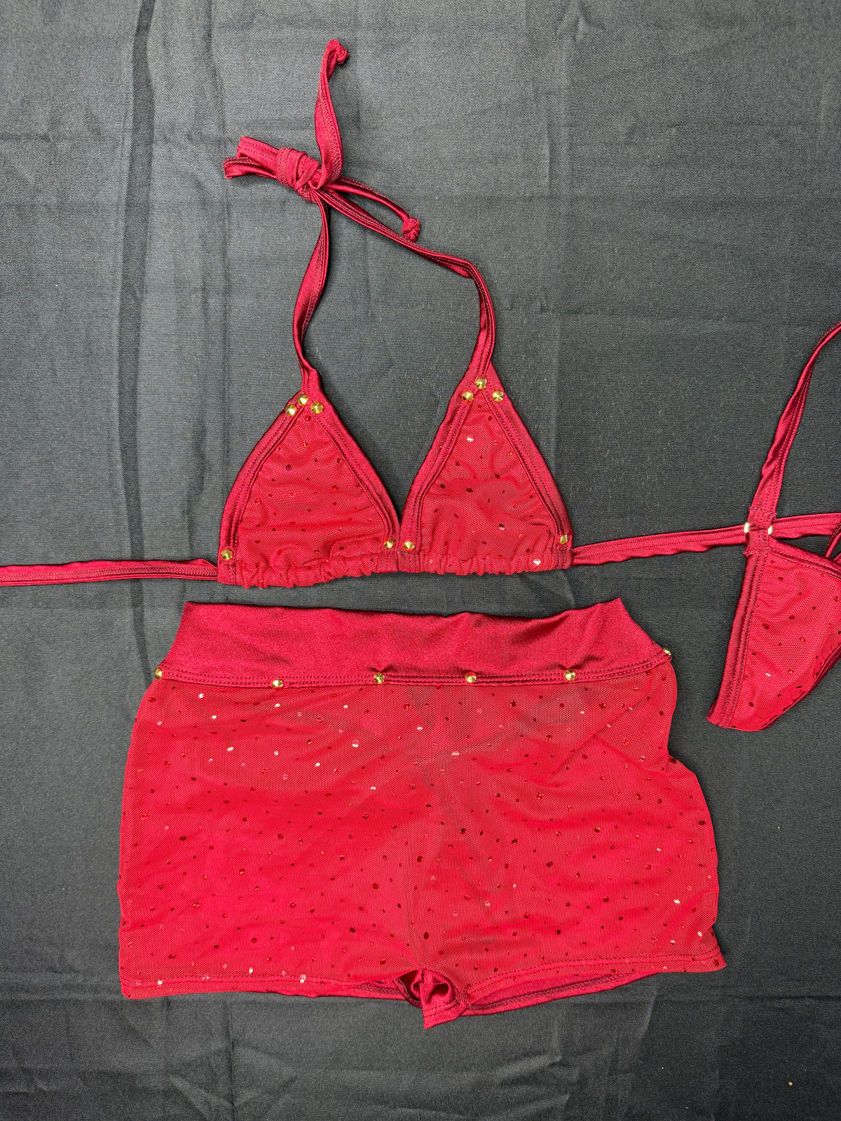 Red Mesh/Burgundy Spandex Two-Piece Shorts Lingerie Outfit