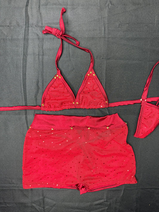Red Mesh/Burgundy Spandex Two-Piece Shorts Lingerie Outfit