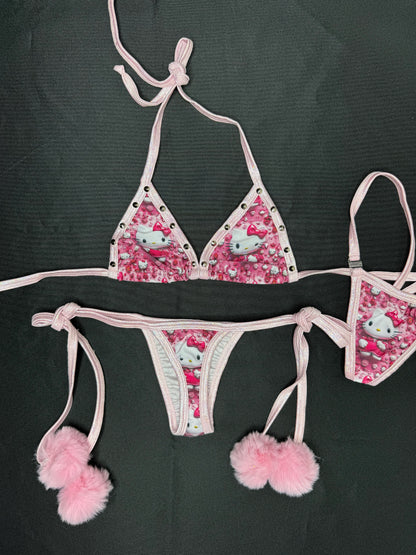 Pink/Baby Pink Spandex Fur Side-Tie Bikini Two-Piece Lingerie Outfit