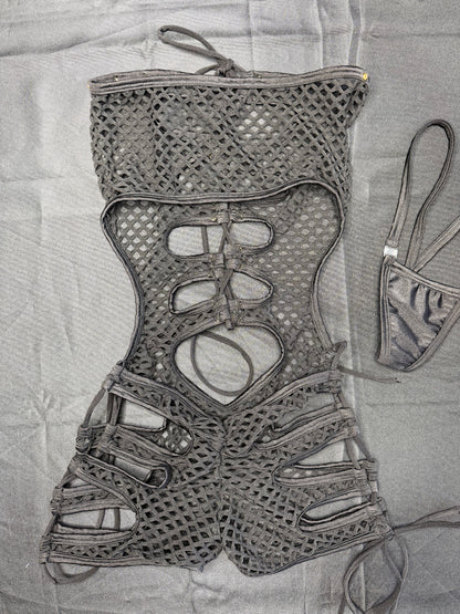 Black Fishnet Spandex One-Piece Lingerie Outfit