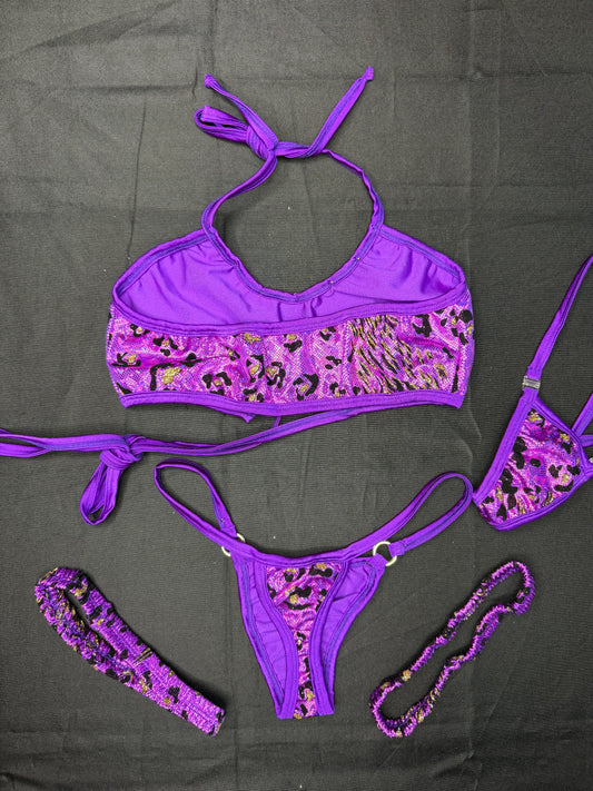 Metallic Purple Spandex Sports Bra Three-Piece Garters Lingerie Outfit