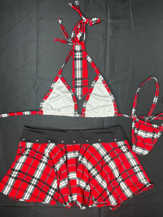 Red Plaid School Girl Two-Piece Lingerie Outfit