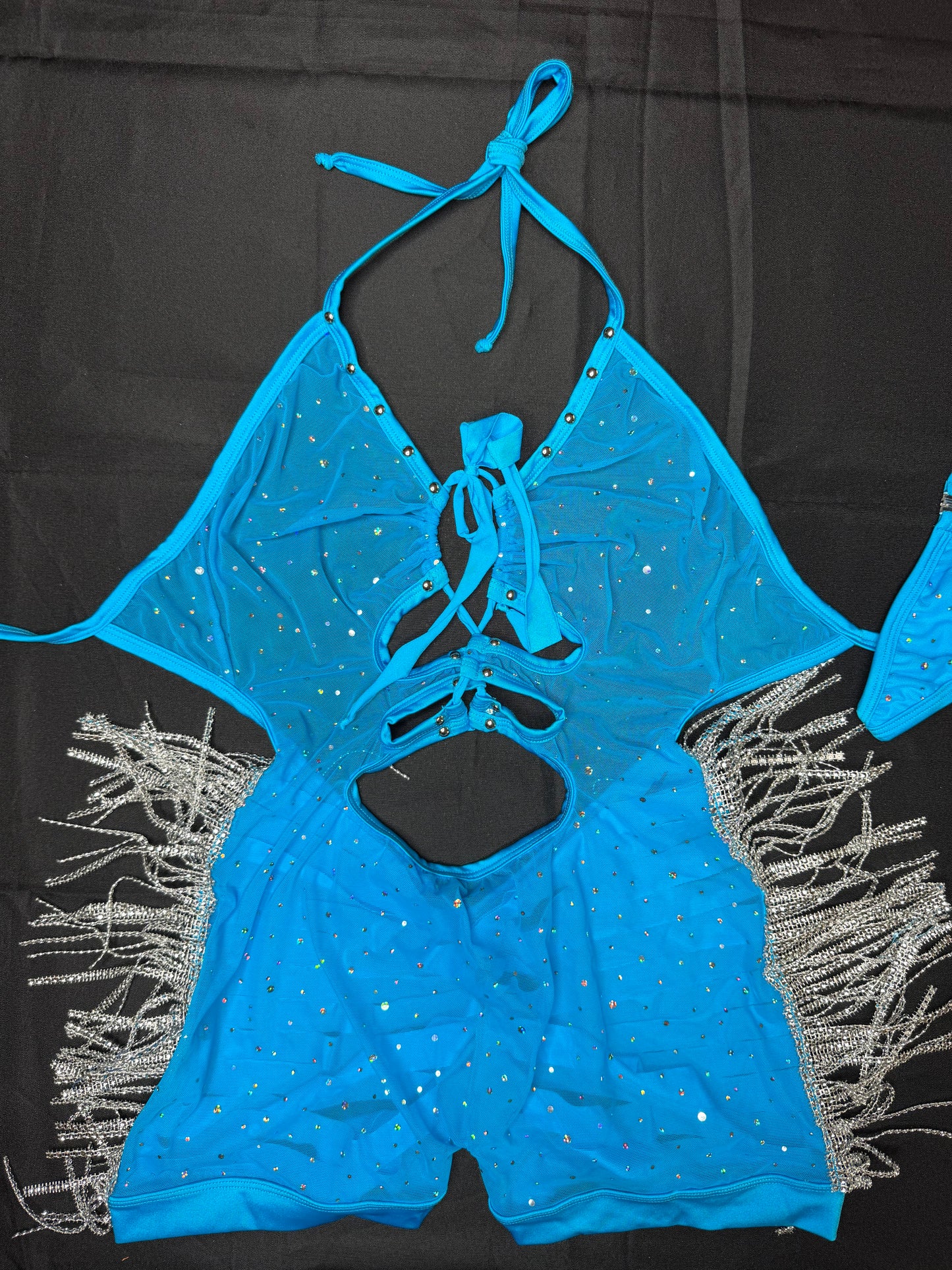Light Blue Mesh/Blue Spandex/Metallic Fringe Ripped Back One-Piece Lingerie Outfit