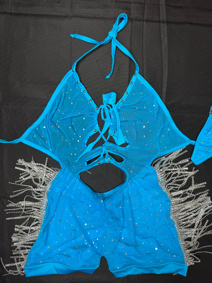 Light Blue Mesh/Blue Spandex/Metallic Fringe Ripped Back One-Piece Lingerie Outfit