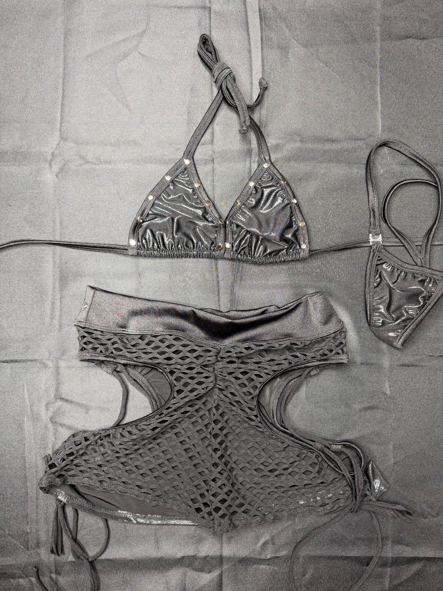 Metallic Black Spandex Bikini Top/Shorts Lingerie Outfit