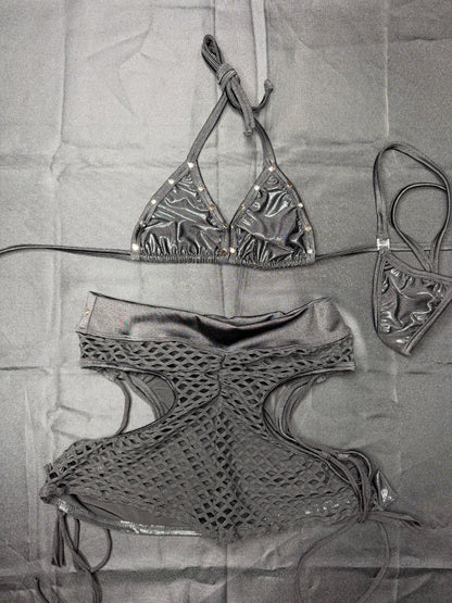 Metallic Black Spandex Bikini Top/Shorts Lingerie Outfit