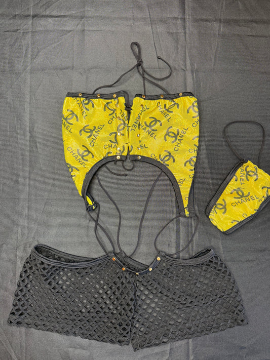 Designer Gold/Black Spandex One-Piece Lingerie Outfit
