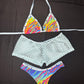 Rainbow Stripes Bikini Top/Cheeky Thong Baby Blue Fishnet Shorts Three-Piece Lingerie Outfit