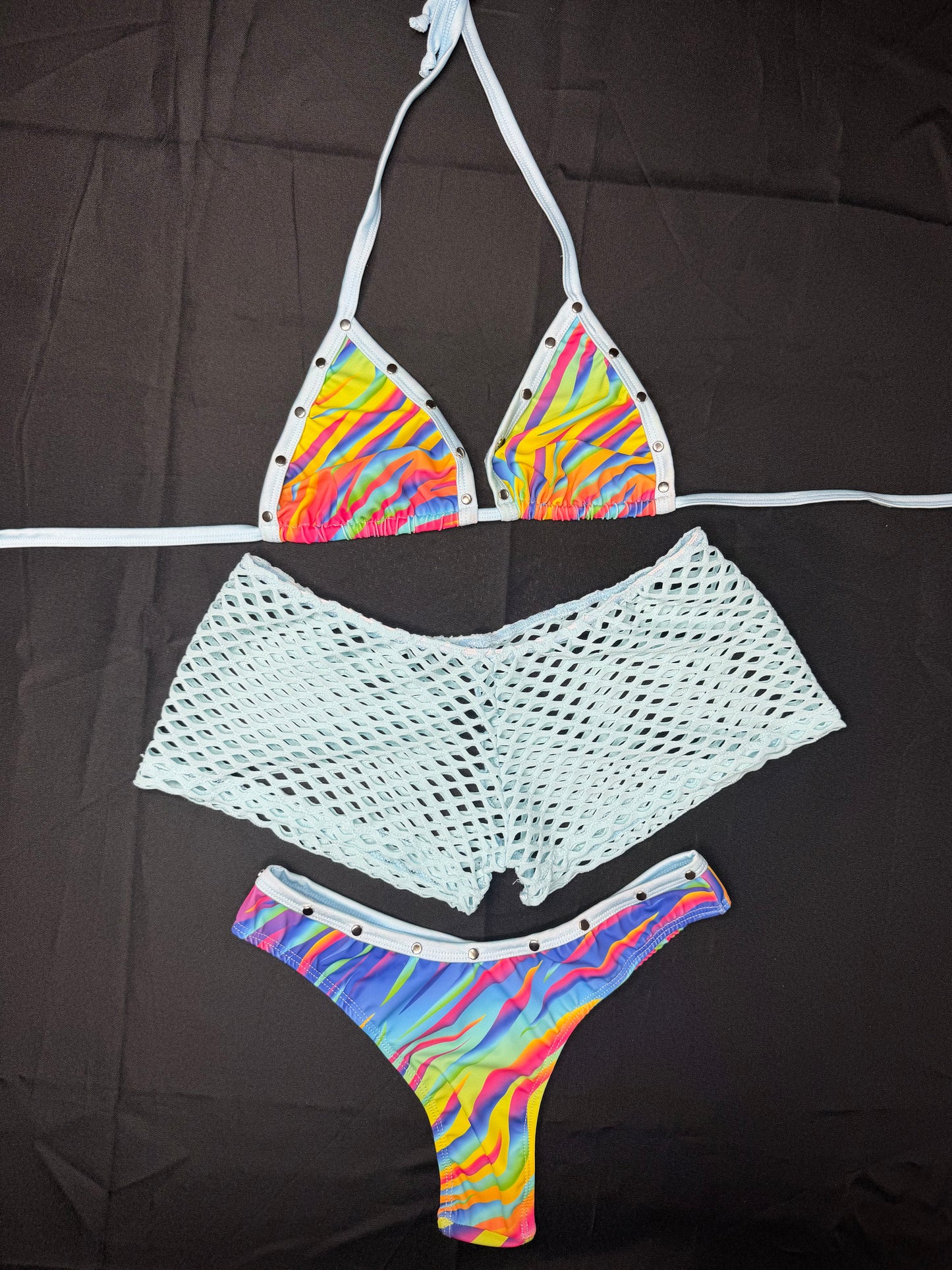 Rainbow Stripes Bikini Top/Cheeky Thong Baby Blue Fishnet Shorts Three-Piece Lingerie Outfit