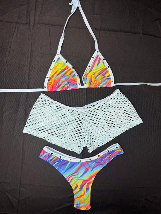 Rainbow Stripes Bikini Top/Cheeky Thong Baby Blue Fishnet Shorts Three-Piece Lingerie Outfit
