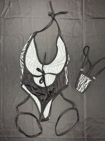 Zebra Spandex One-Piece Lingerie Outfit with Garters