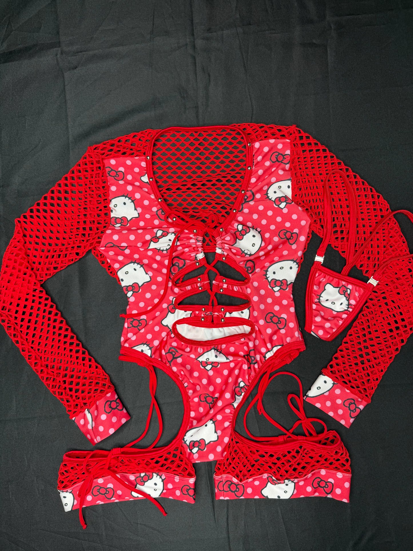 Red Kitty Print/Red Spandex Romper Lingerie Outfit