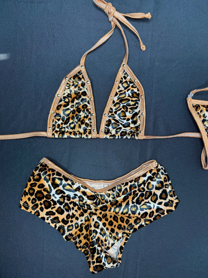 Animal Print Velvet/Chocolate  Microdot Spandex Two-Piece Bikini Top/Shorts Lingerie Outfit
