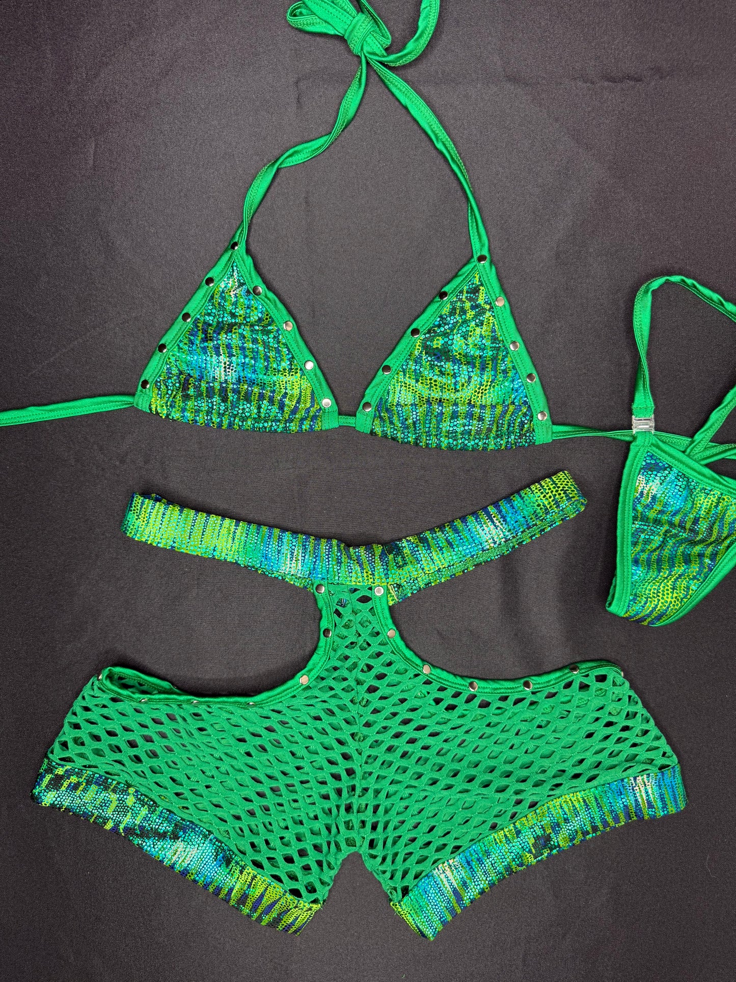 Metallic Green/Fishnet Green Bikini Top/Shorts Two-Piece Lingerie Outfit