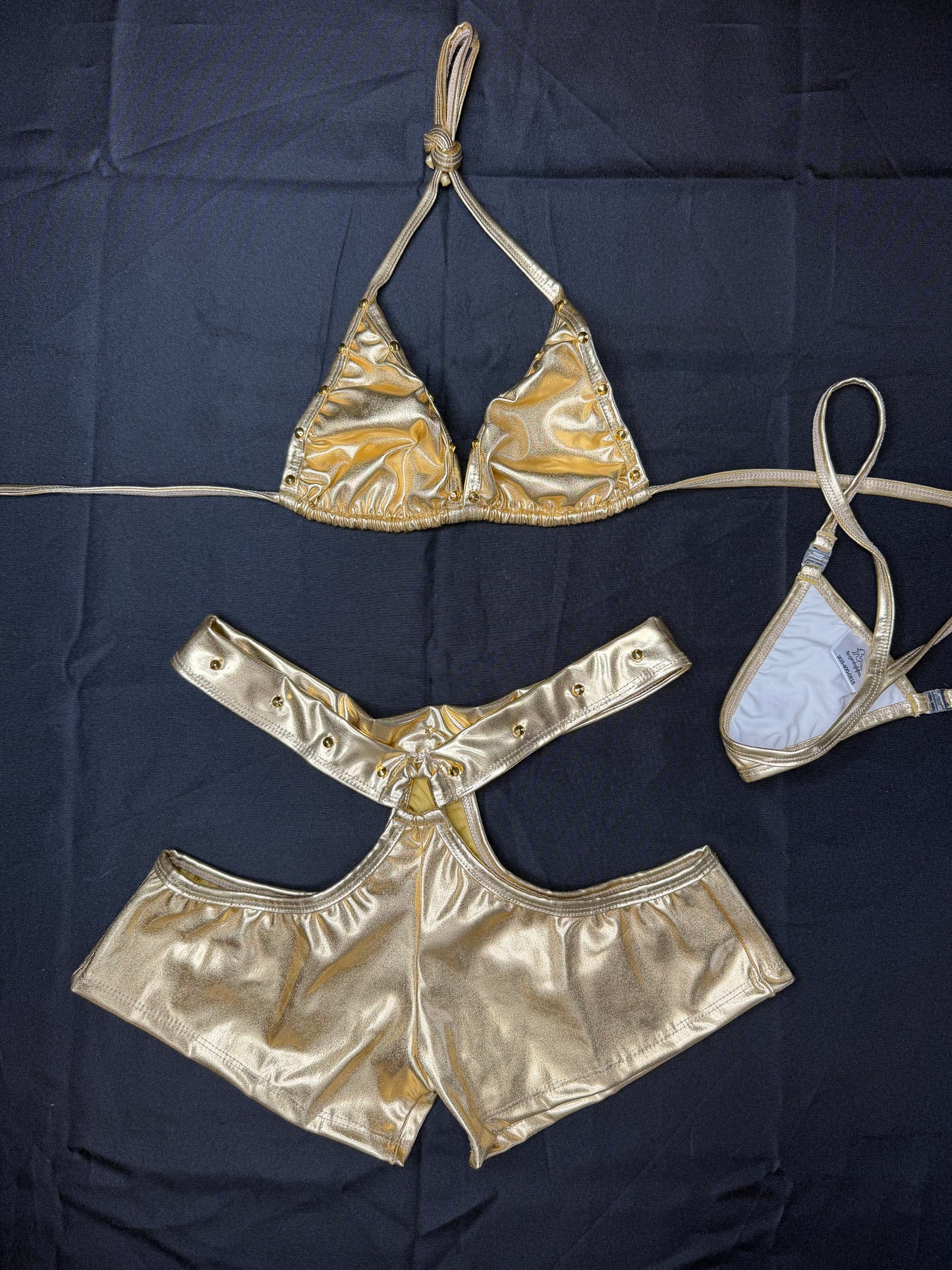 Gold Foil Spandex Two-Piece Bikini Top/Shorts Lingerie Outfit