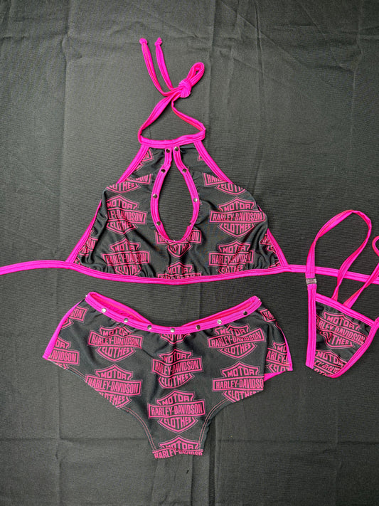 Black/Pink Harley Spandex Sports Bra/Shorts Two-Piece Lingerie Outfit