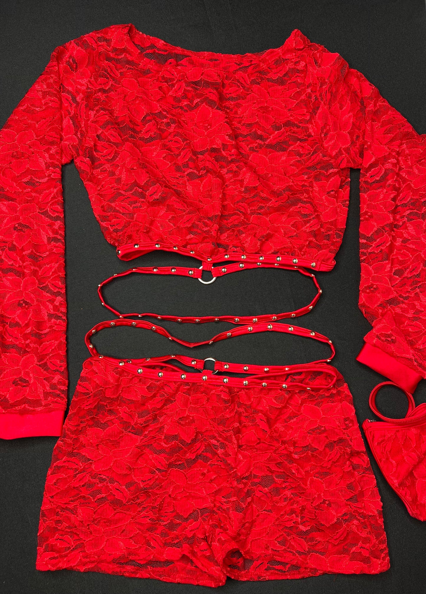 Red Lace Two-Piece Shorts Lingerie Outfit
