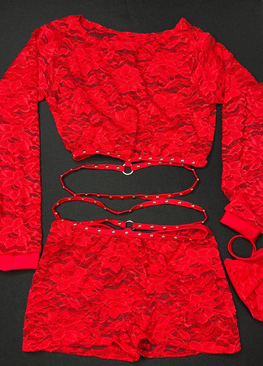 Red Lace Two-Piece Shorts Lingerie Outfit