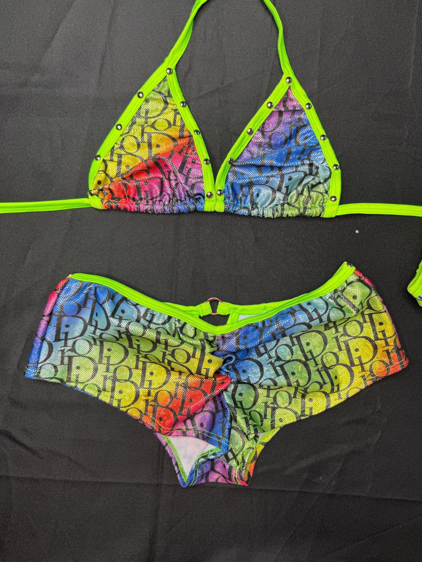 Designer Rainbow Spandex Two-Piece Shorts Lingerie Outfit