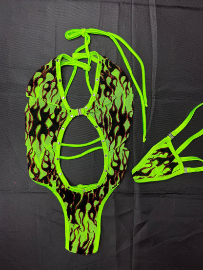 Green Flame Mesh One-Piece Lingerie Outfit