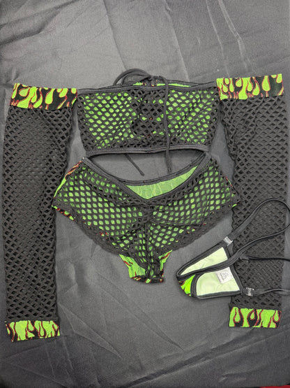 Green Flame Mesh Long Sleeve Tube Top/Shorts Two-Piece Lingerie Outfit