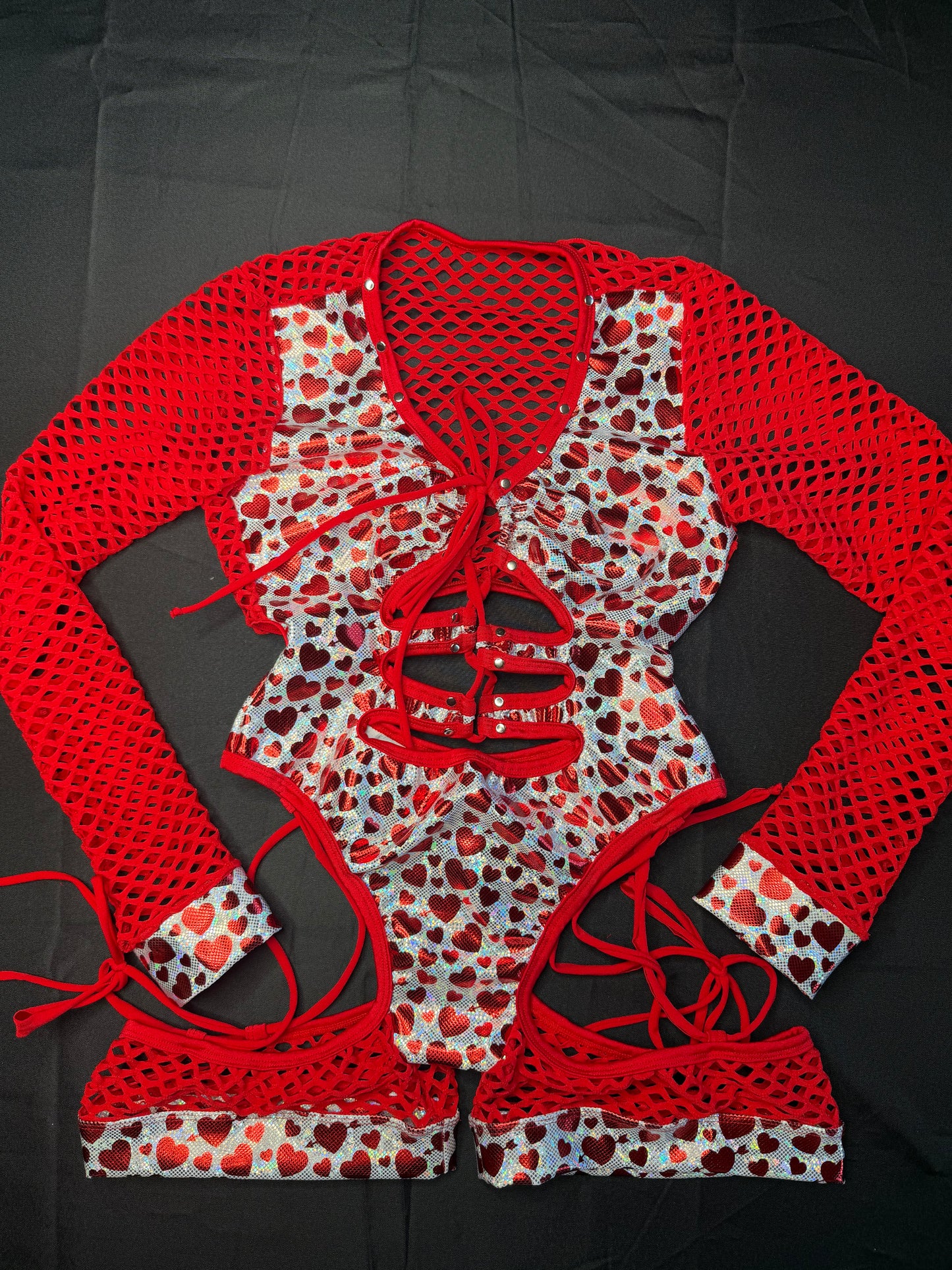 Metallic Hearts/Red Fishnet Spandex Long Sleeve Romper Lingerie Outfit