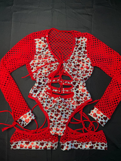 Metallic Hearts/Red Fishnet Spandex Long Sleeve Romper Lingerie Outfit