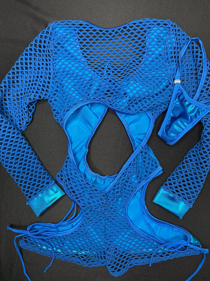 Royal Blue Fishnet/Spandex Ombré One-Piece Romper Lingerie Outfit