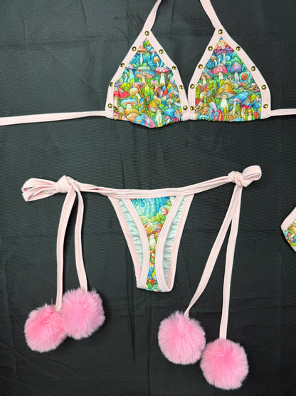 Mushroom Print/Baby Pink Pom Pom Spandex Two-Piece Bikini Lingerie Outfit