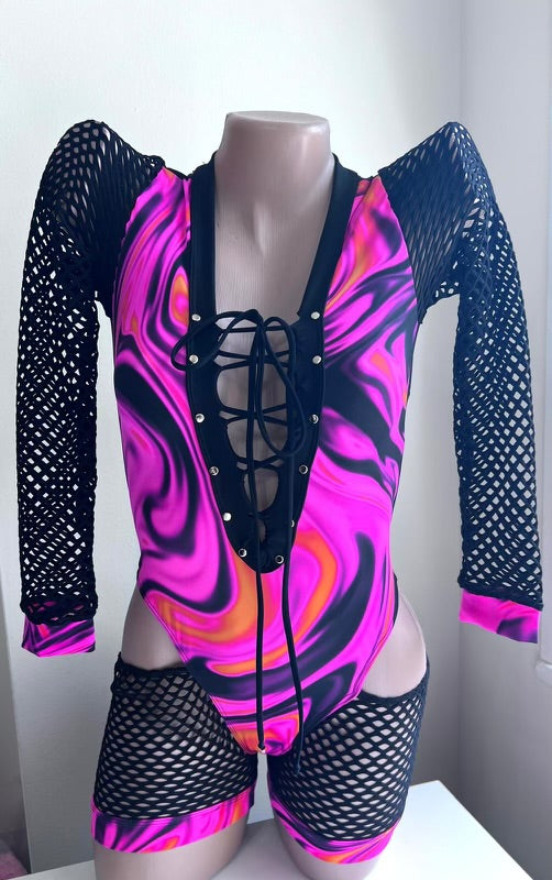 Hot Pink/Black One-Piece Romper Exotic Dancer Outfit