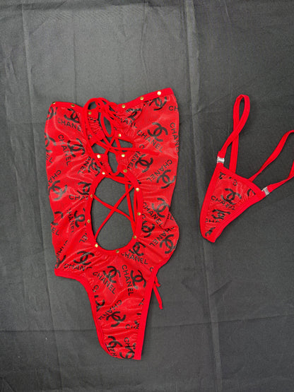 Red Designer Spandex One-Piece Lingerie Outfit
