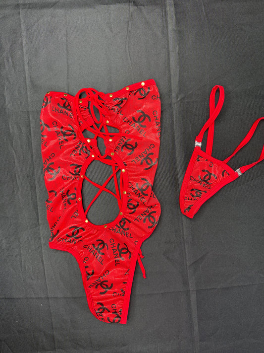 Red Designer Spandex One-Piece Lingerie Outfit