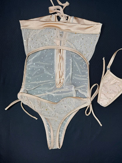 Beige/Nude Sparkle Mesh One-Piece Lingerie Outift