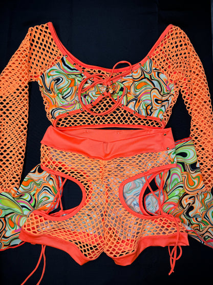 Cosmic Orange Fringe Two-Piece Exotic Dancer Outfit