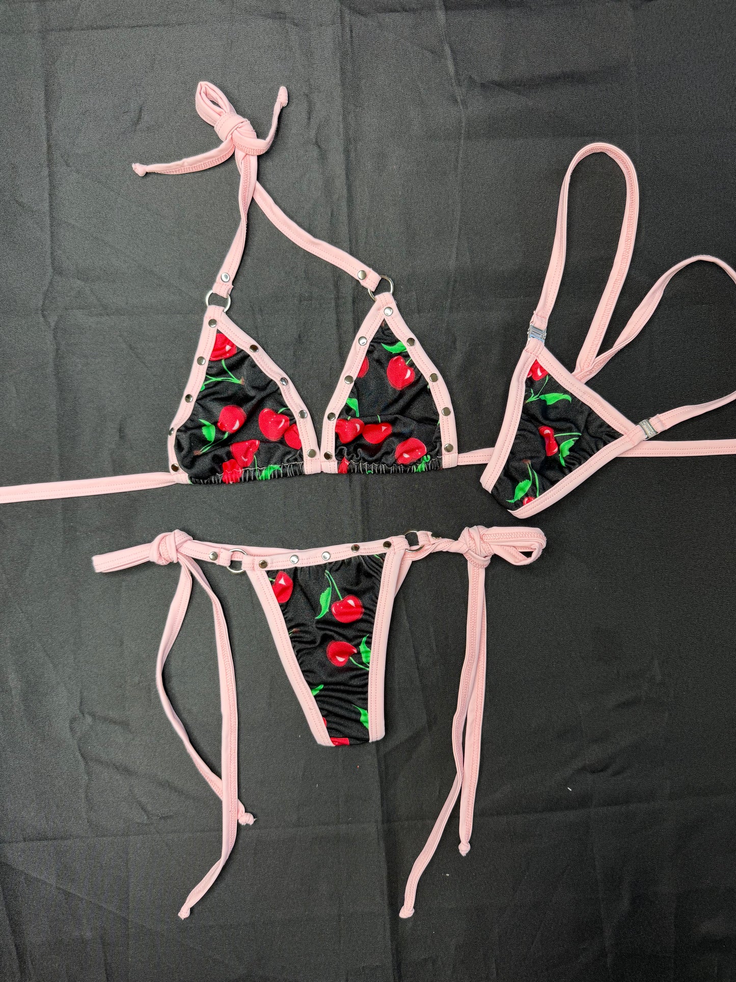 Black Cherry Print/Baby Pink Spandex Two-Piece Bikini Lingerie Outfit