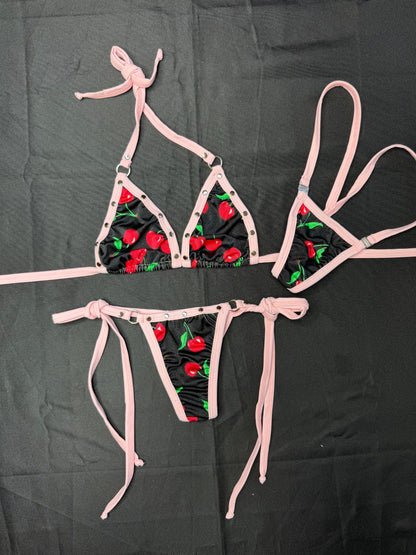 Black Cherry Print/Baby Pink Spandex Two-Piece Bikini Lingerie Outfit