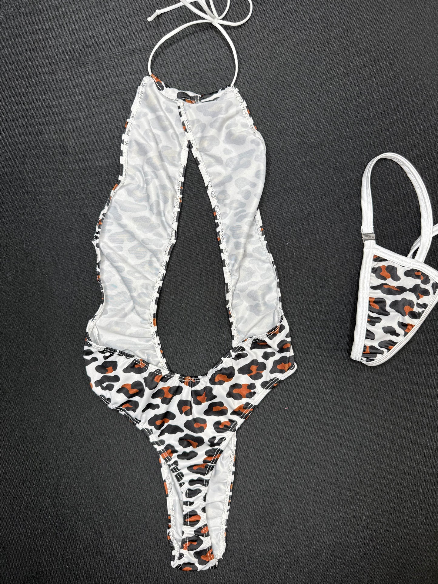 White/Brown Animal Print One-Piece Lingerie Outfit