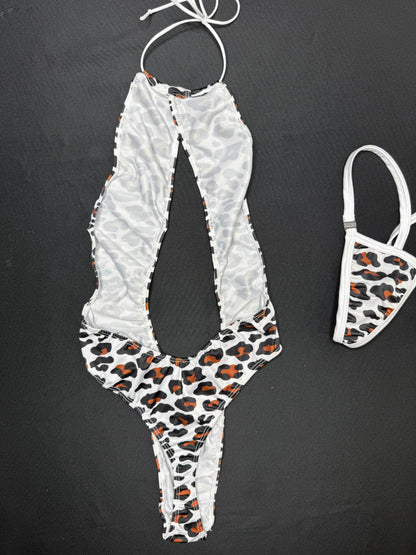 White/Brown Animal Print One-Piece Lingerie Outfit