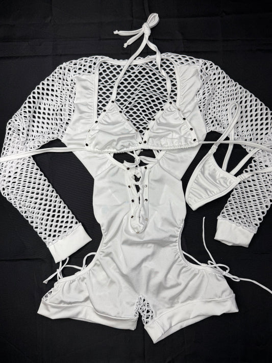 White Spandex Romper Lingerie Outfit