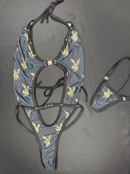 Black Cheetah Print Bunny One-Piece Lingerie Outfit