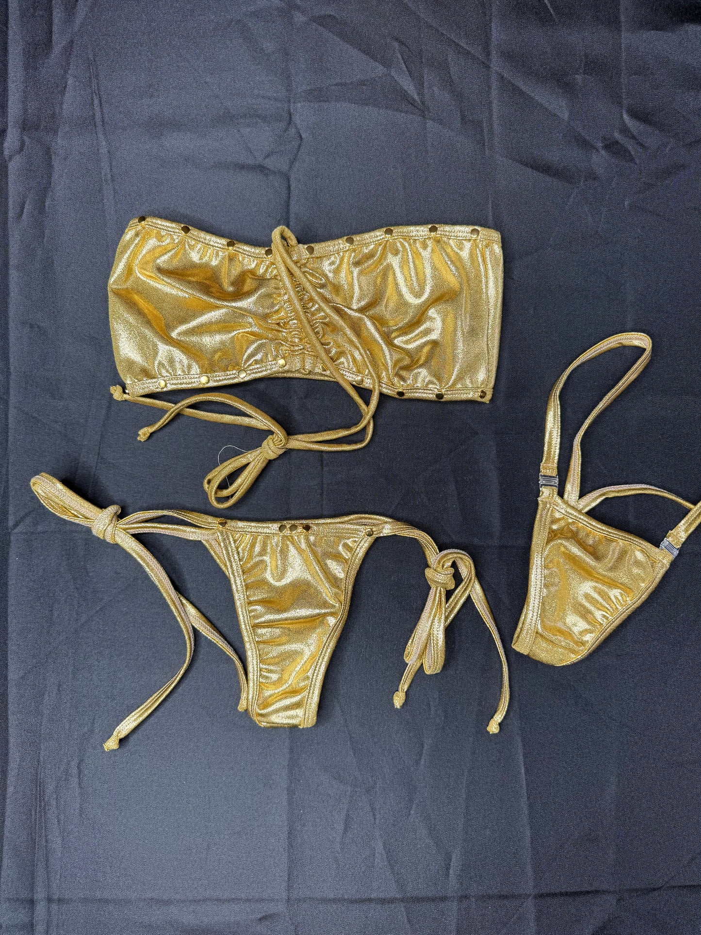 Gold Spandex Tube-Top Side Tie Bikini Lingerie Outfit