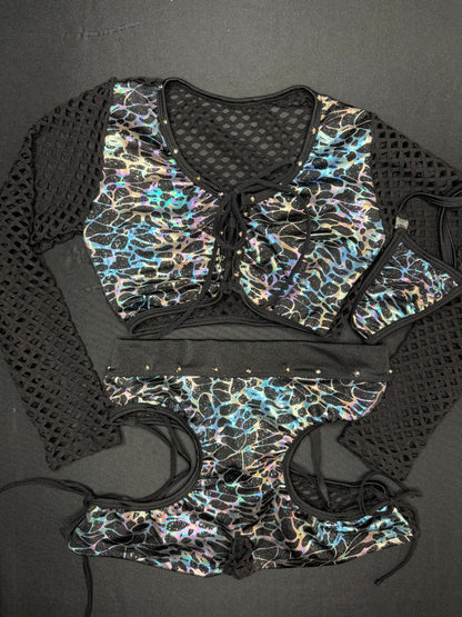 Silver/Black Fishnet Spandex Long Sleeve/Shorts Two-Piece Lingerie Outfit