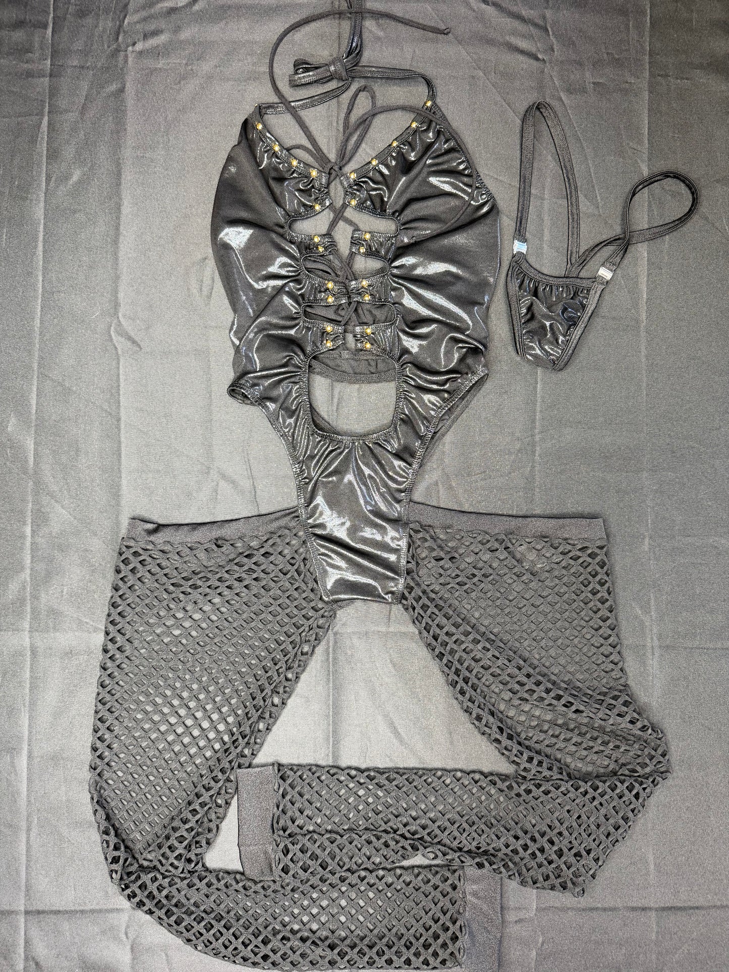 Metallic Black/Black Spandex Body Suit Lingerie Outfit